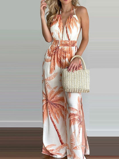 Elegant Maxi Dress for Women Halter Deep-V Palm-Print