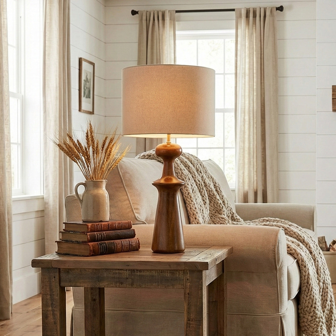 Abajour Rubberwood Table Lamp with Linen Shade