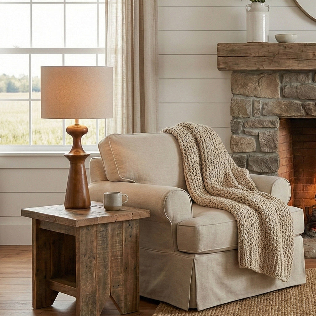 Abajour Rubberwood Table Lamp with Linen Shade