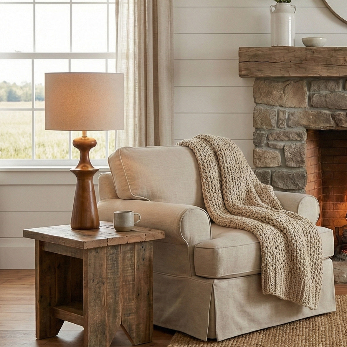 Abajour Rubberwood Table Lamp with Linen Shade