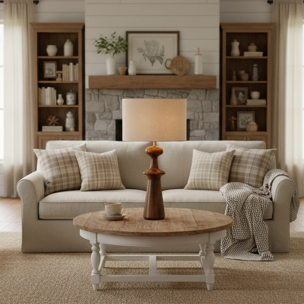 Abajour Rubberwood Table Lamp with Linen Shade