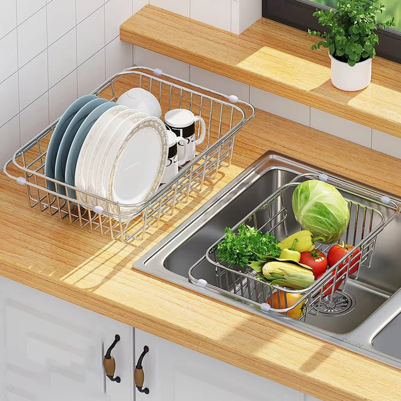 Adjustable Stainless Steel Dish Drainer Sink Rack – Expandable Kitchen Organizer for Efficient Draining and Washing
