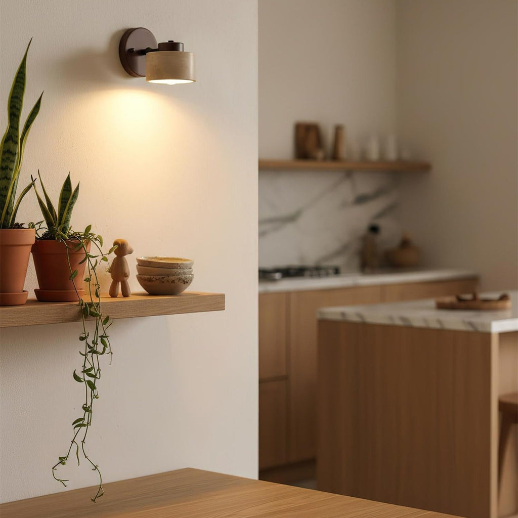 Adjustable Wall Sconce - Natural Travertine & Wood Design