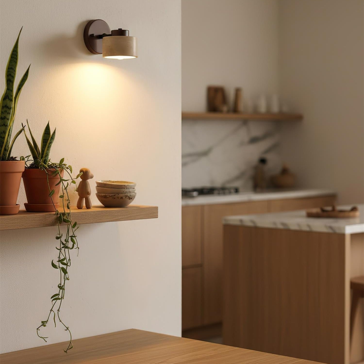 Adjustable Wall Sconce - Natural Travertine & Wood Design
