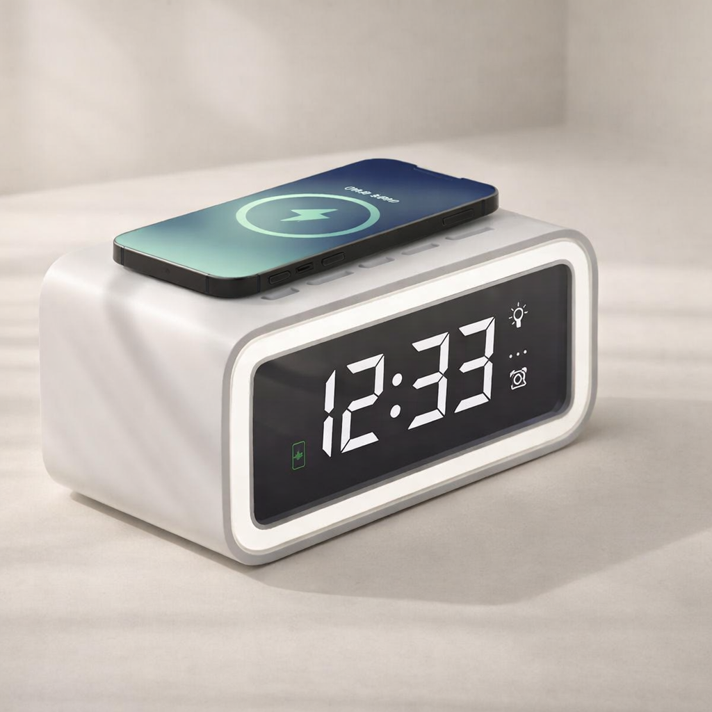 Digital Alarm Clock with LED Display Qi Wireless Charging ABS Plastic