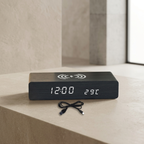 Alarm Clock Wireless Charging LED Display Woodgrain PVC