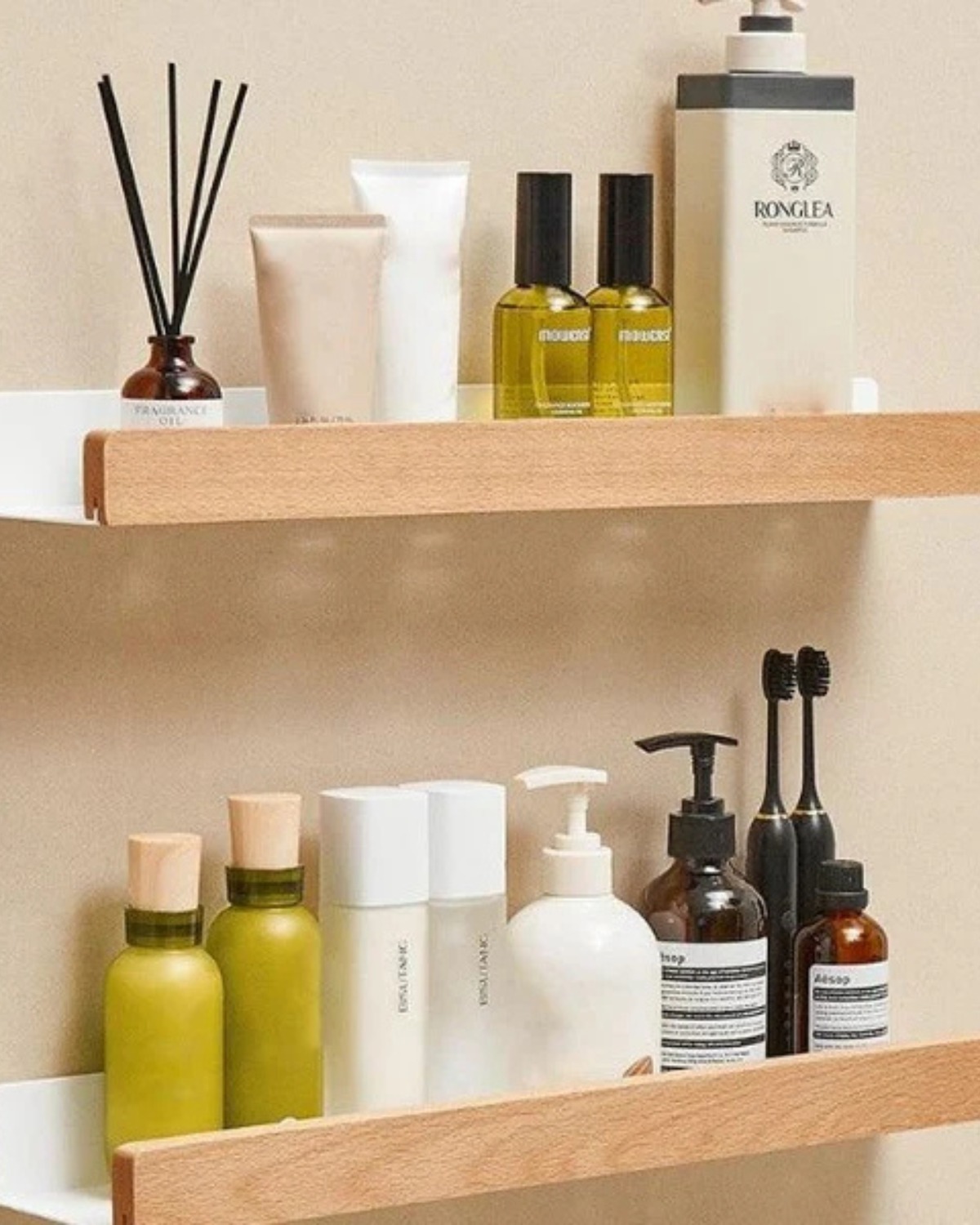 AlignaLume: Modern Wall Shelf made of Metal with Wood Front & Minimalist Design – for Bathroom & Kitchen