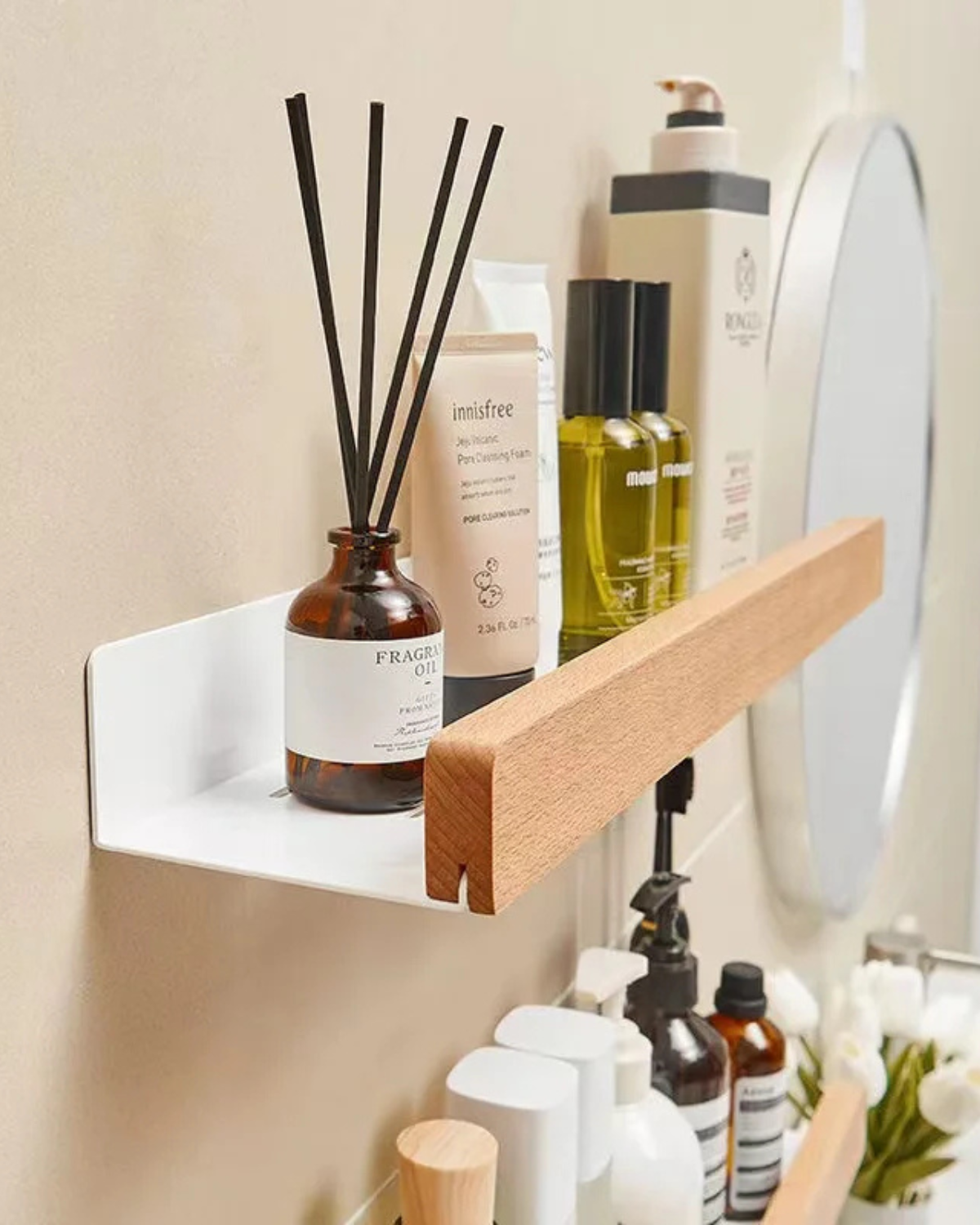 AlignaLume: Modern Wall Shelf made of Metal with Wood Front & Minimalist Design – for Bathroom & Kitchen