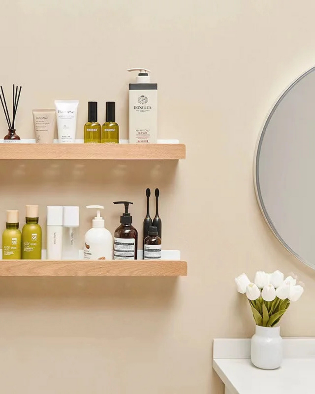 AlignaLume: Modern Wall Shelf made of Metal with Wood Front & Minimalist Design – for Bathroom & Kitchen