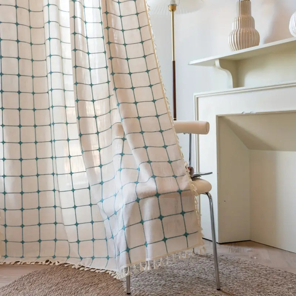 AquaNetz: Curtain in Boho Design with Turquoise Check Pattern & Tassels – Elegant for Dining & Living Areas