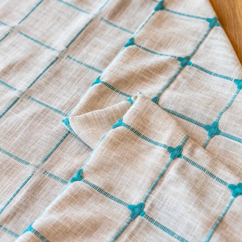 AquaNetz: Curtain in Boho Design with Turquoise Check Pattern & Tassels – Elegant for Dining & Living Areas