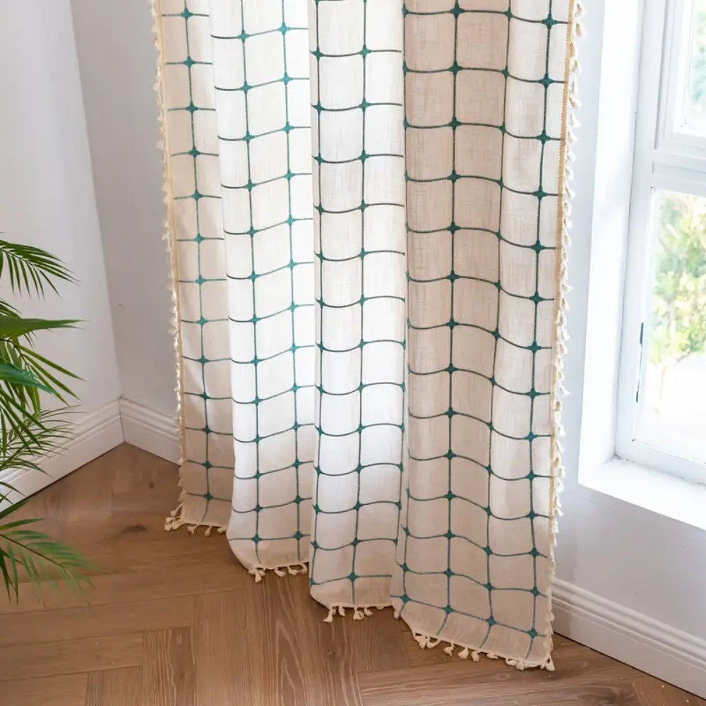AquaNetz: Curtain in Boho Design with Turquoise Check Pattern & Tassels – Elegant for Dining & Living Areas