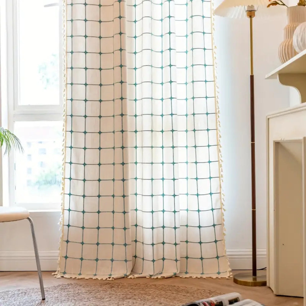 AquaNetz: Curtain in Boho Design with Turquoise Check Pattern & Tassels – Elegant for Dining & Living Areas
