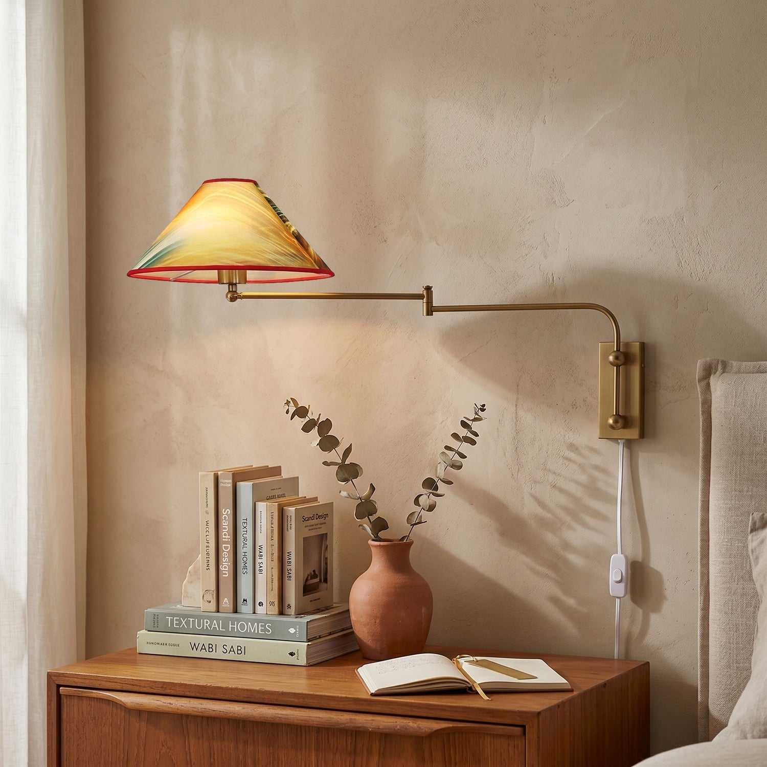 Arlo Plug-In Swing-Arm Sconce with Patterned Shade