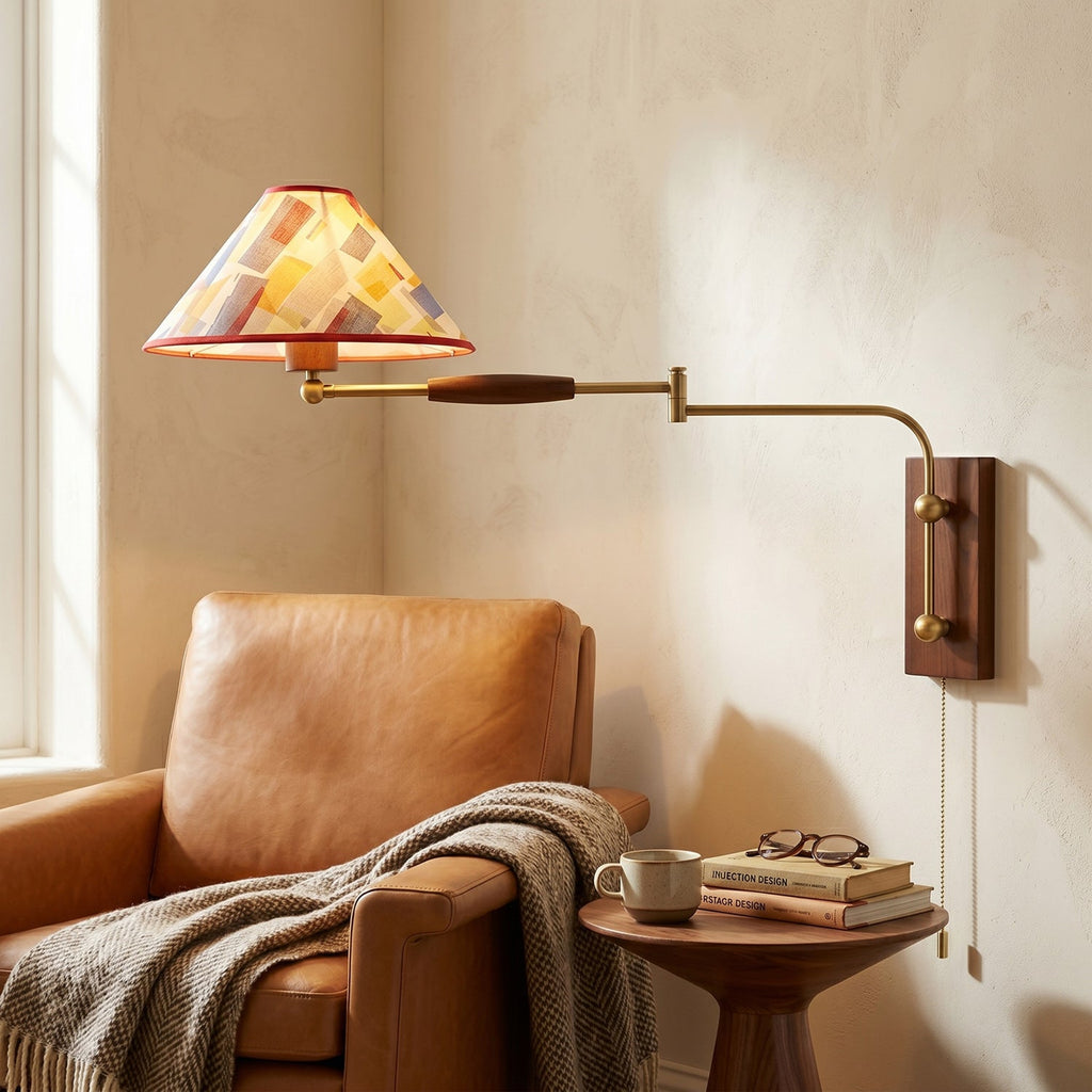 Arlo Swing-Arm Wall Sconce with Walnut Backplate