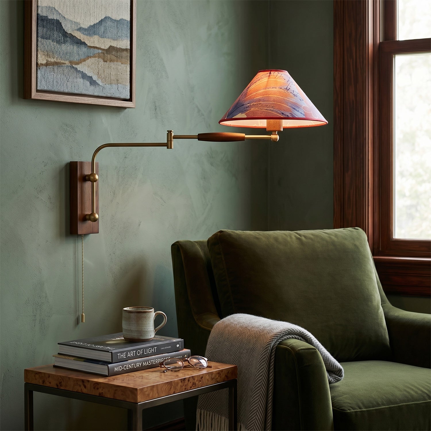 Arlo Swing-Arm Wall Sconce with Walnut Backplate