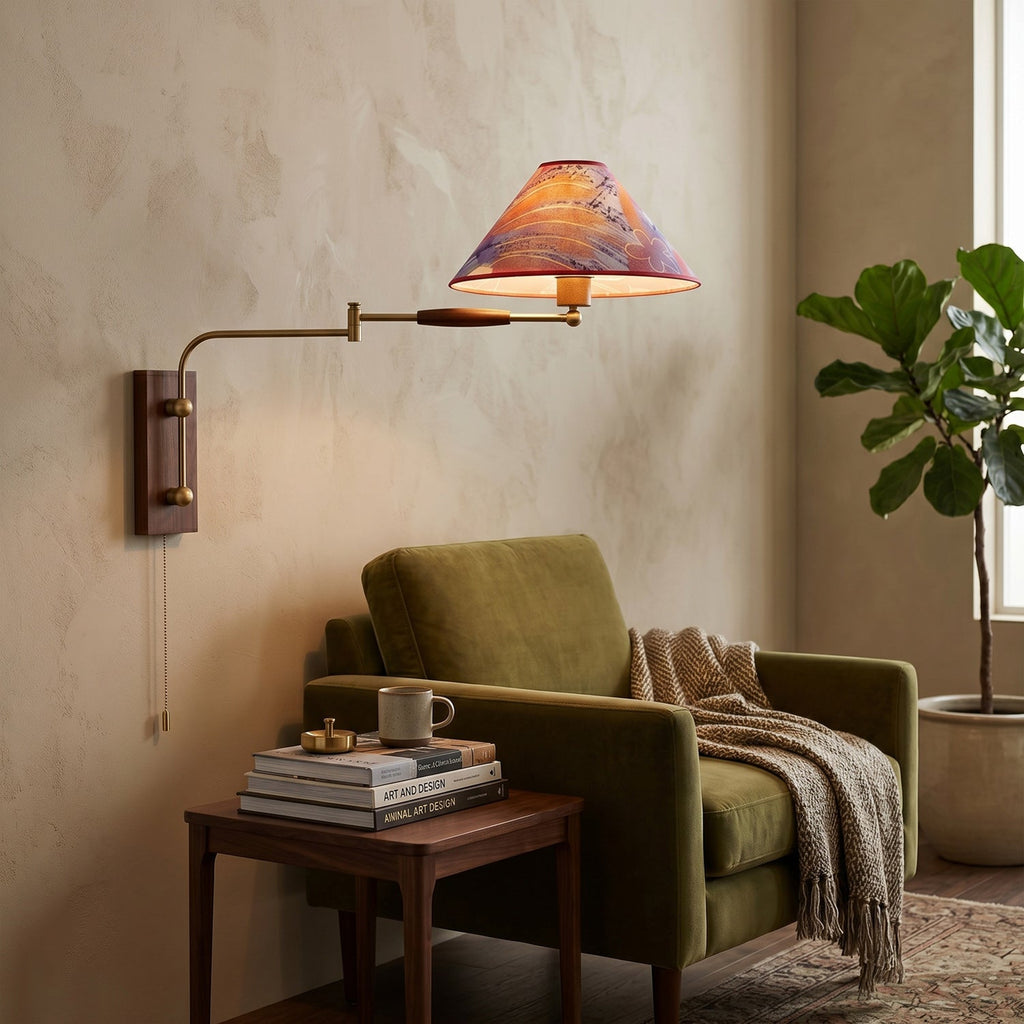 Arlo Swing-Arm Wall Sconce with Walnut Backplate