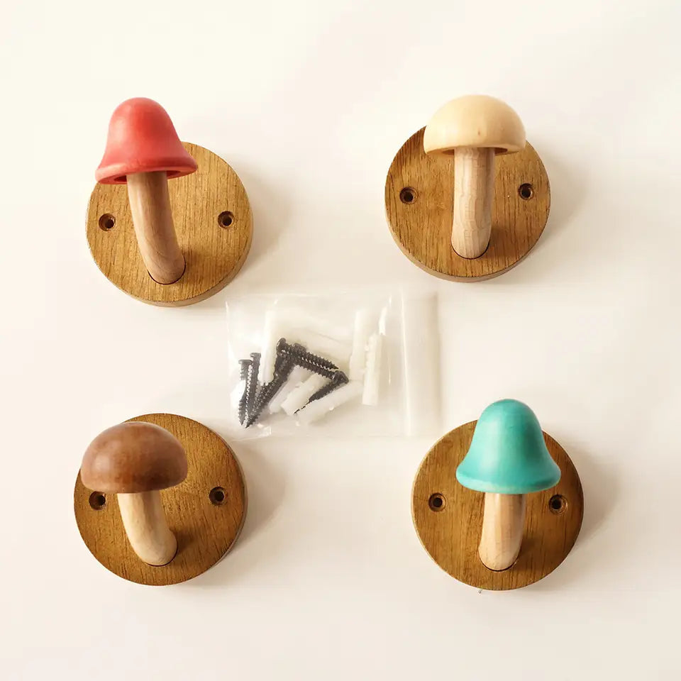 Mushroom Wall Hook Set, Solid Timber Coat and Towel Hooks, Handcrafted Wooden Design