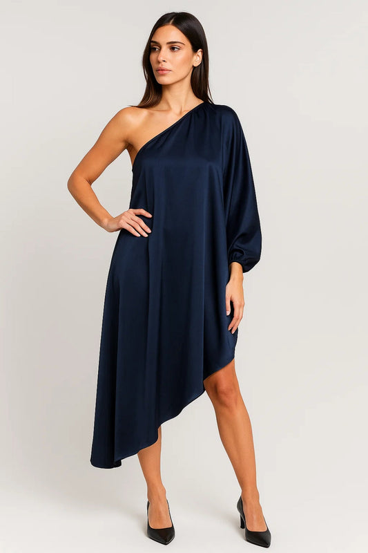 One Shoulder Midi Dress with Asymmetric Hem