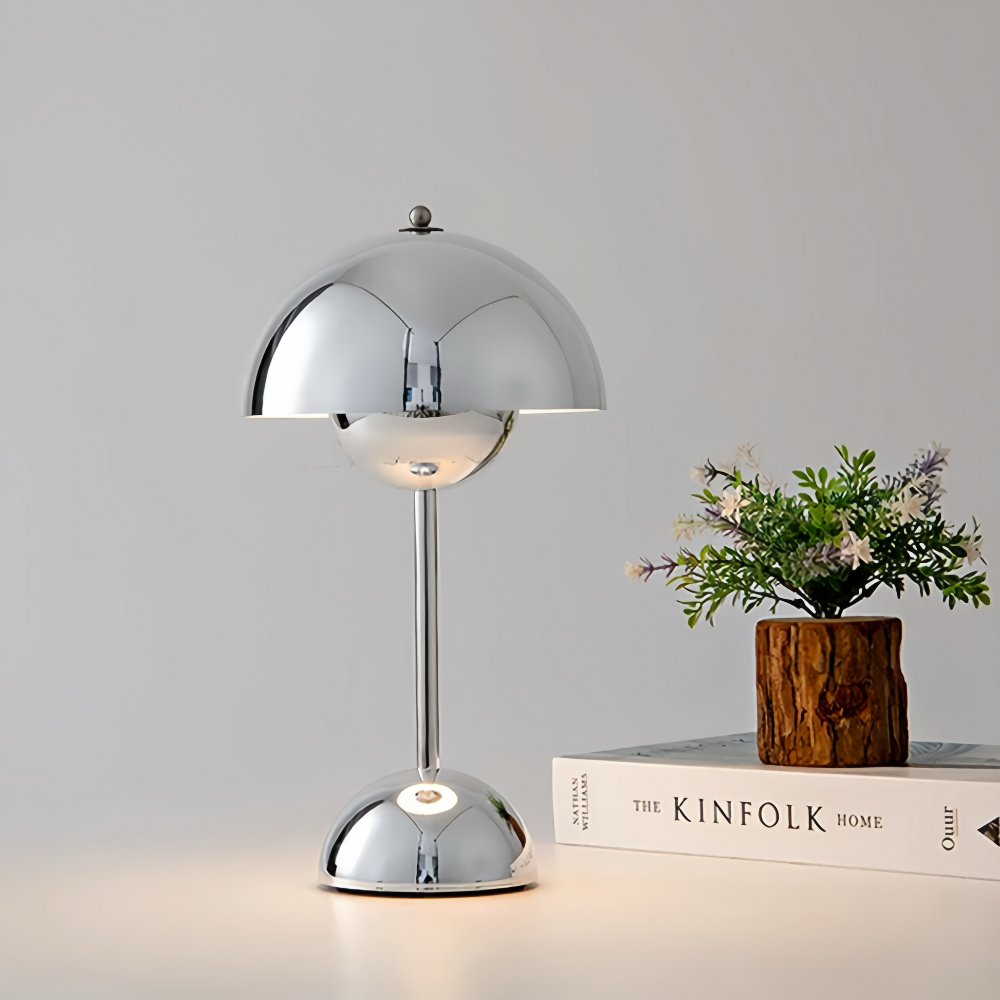 AuraGleam: Rechargeable LED Table Lamp with Chrome Design & Stepless Dimming – for Indoor Use & Decoration