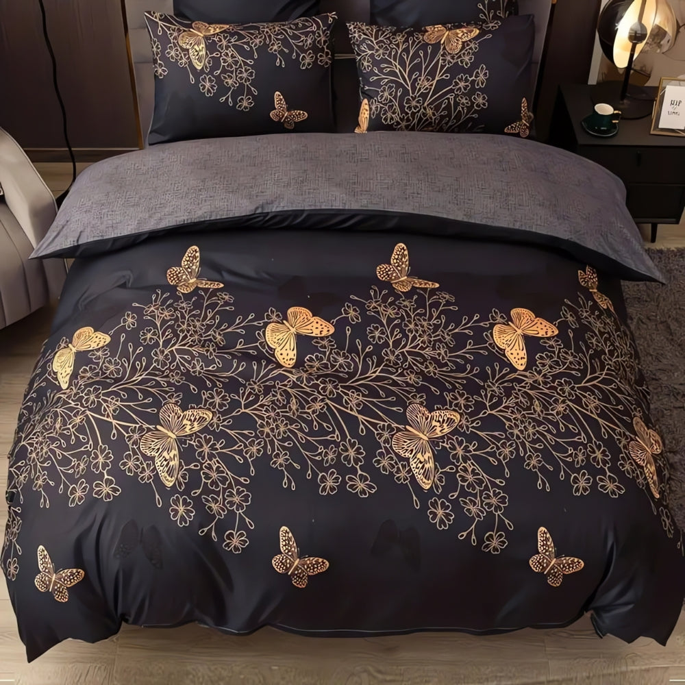 AuroraNacht: Romantic Duvet Cover Set – Breathable, Soft & Durable with Golden Butterflies and Floral Pattern