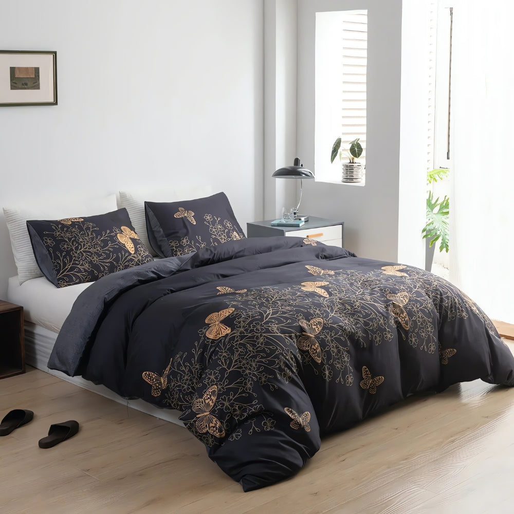 AuroraNacht: Romantic Duvet Cover Set – Breathable, Soft & Durable with Golden Butterflies and Floral Pattern