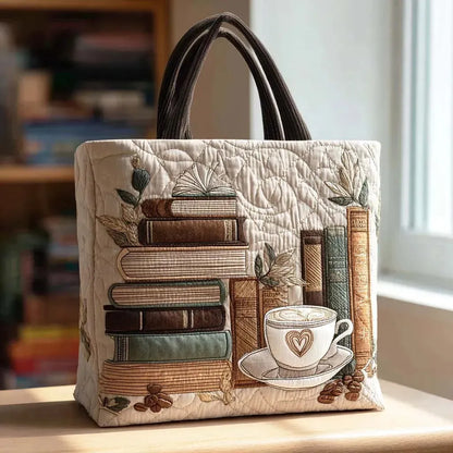 Stylish Tote Bag for Women Book-Print Quilted Top-Handle — Ivory