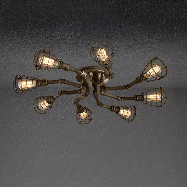 Industrial Vintage Round Iron Flush Mount Ceiling Light - Available in 4, 6, or 8 Lights