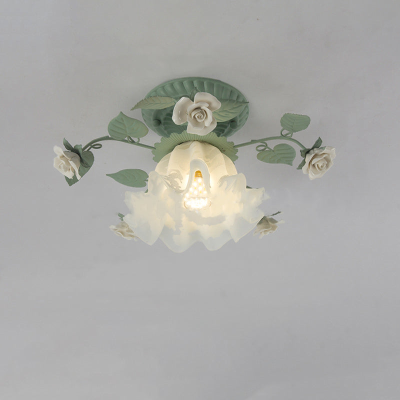 Classic French Bellflower Leaf Iron and Ceramic Glass Shade 1-Light Semi-Flush Mount Ceiling Fixture for Living Room