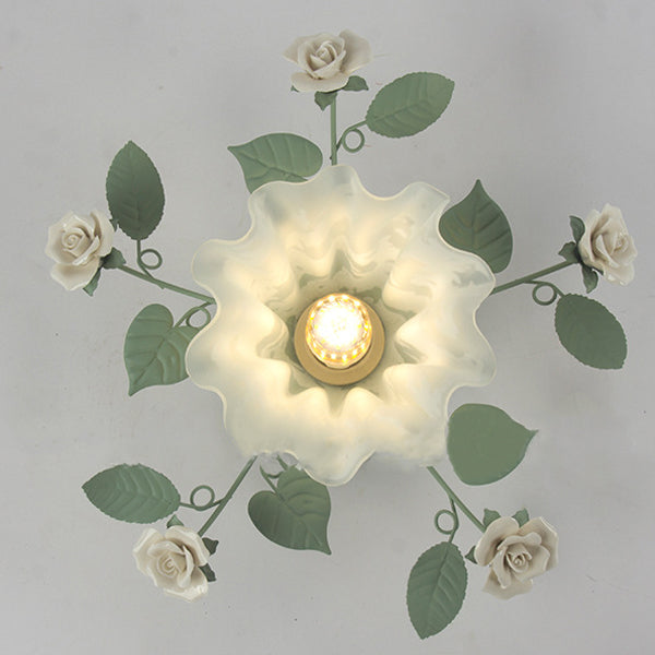 Classic French Bellflower Leaf Iron and Ceramic Glass Shade 1-Light Semi-Flush Mount Ceiling Fixture for Living Room