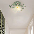 Classic French Bellflower Leaf Iron and Ceramic Glass Shade 1-Light Semi-Flush Mount Ceiling Fixture for Living Room