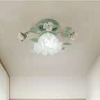Classic French Bellflower Leaf Iron and Ceramic Glass Shade 1-Light Semi-Flush Mount Ceiling Fixture for Living Room