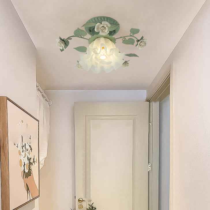 Classic French Bellflower Leaf Iron and Ceramic Glass Shade 1-Light Semi-Flush Mount Ceiling Fixture for Living Room