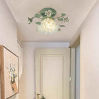 Classic French Bellflower Leaf Iron and Ceramic Glass Shade 1-Light Semi-Flush Mount Ceiling Fixture for Living Room