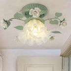 Classic French Bellflower Leaf Iron and Ceramic Glass Shade 1-Light Semi-Flush Mount Ceiling Fixture for Living Room