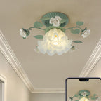 Classic French Bellflower Leaf Iron and Ceramic Glass Shade 1-Light Semi-Flush Mount Ceiling Fixture for Living Room