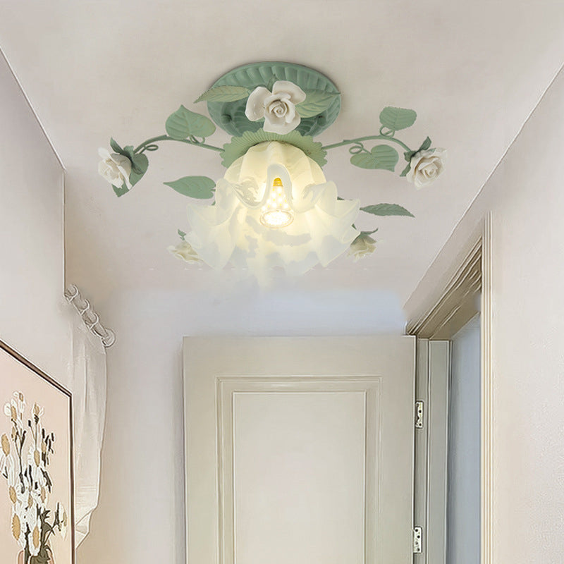 Classic French Bellflower Leaf Iron and Ceramic Glass Shade 1-Light Semi-Flush Mount Ceiling Fixture for Living Room