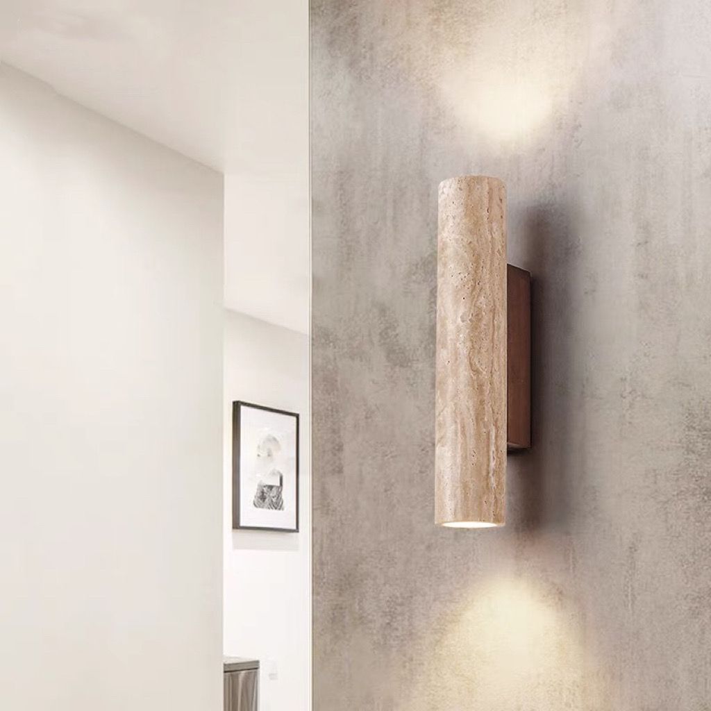 Modern Scandinavian Yellow Travertine and Wood Cylinder 2-Light Wall Sconce for Living Room