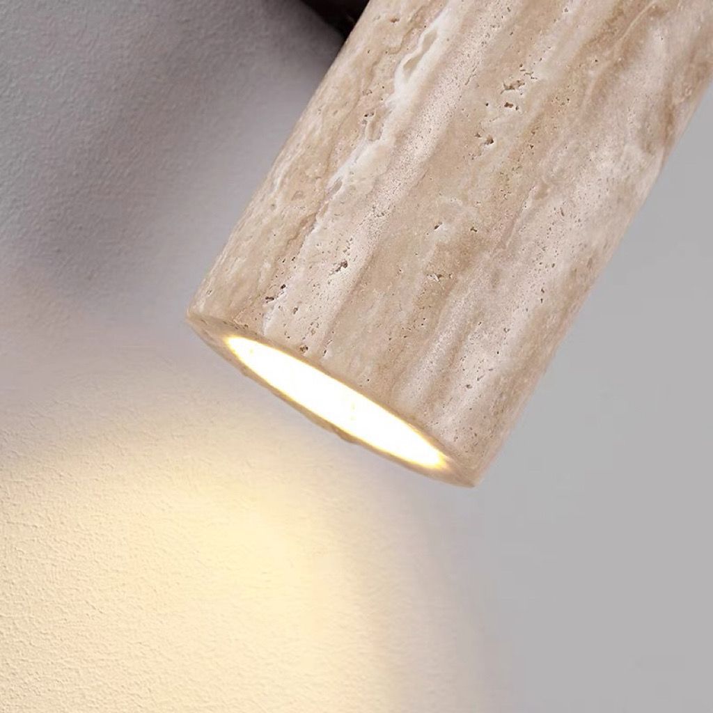 Modern Scandinavian Yellow Travertine and Wood Cylinder 2-Light Wall Sconce for Living Room