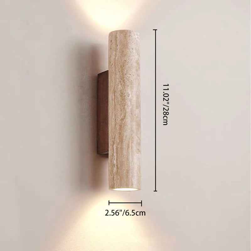 Modern Scandinavian Yellow Travertine and Wood Cylinder 2-Light Wall Sconce for Living Room