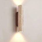 Modern Scandinavian Yellow Travertine and Wood Cylinder 2-Light Wall Sconce for Living Room