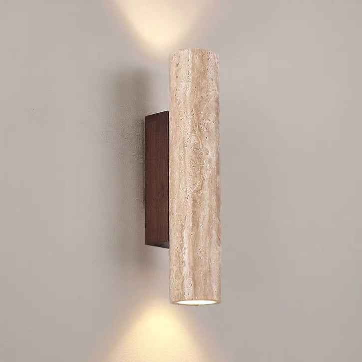 Modern Scandinavian Yellow Travertine and Wood Cylinder 2-Light Wall Sconce for Living Room