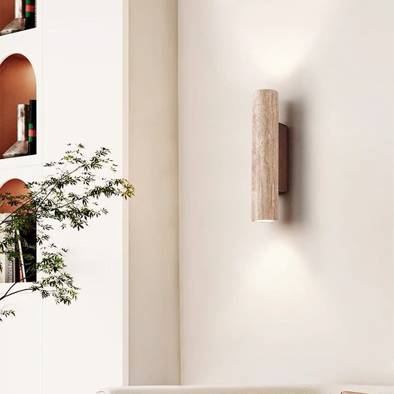 Modern Scandinavian Yellow Travertine and Wood Cylinder 2-Light Wall Sconce for Living Room