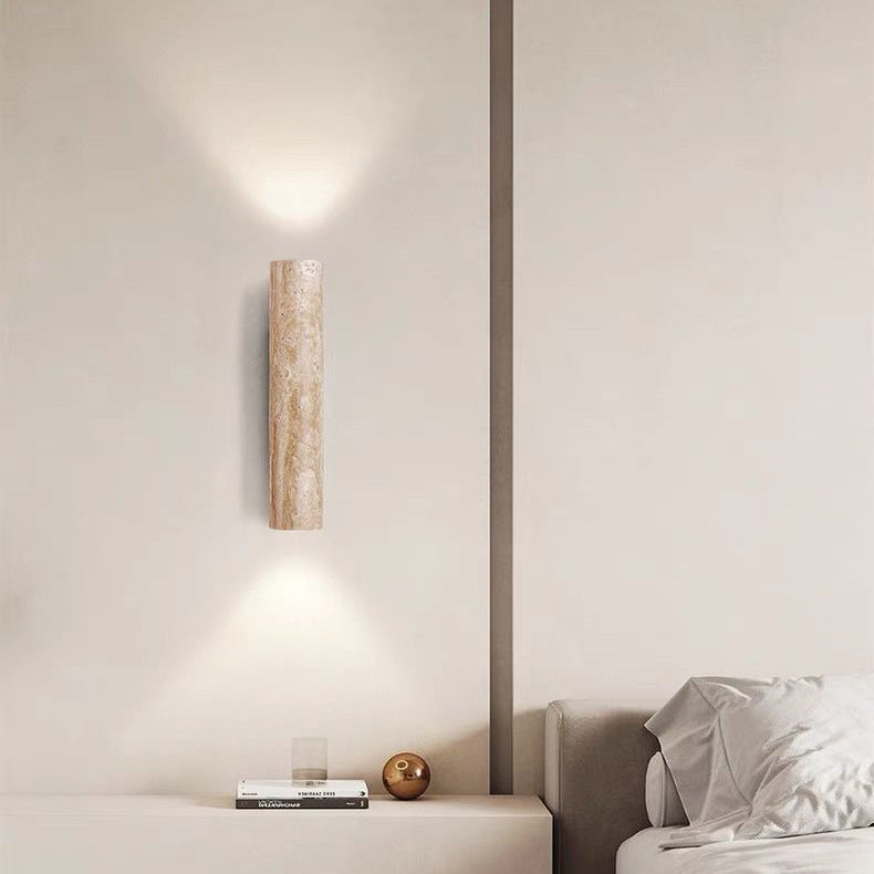 Modern Scandinavian Yellow Travertine and Wood Cylinder 2-Light Wall Sconce for Living Room