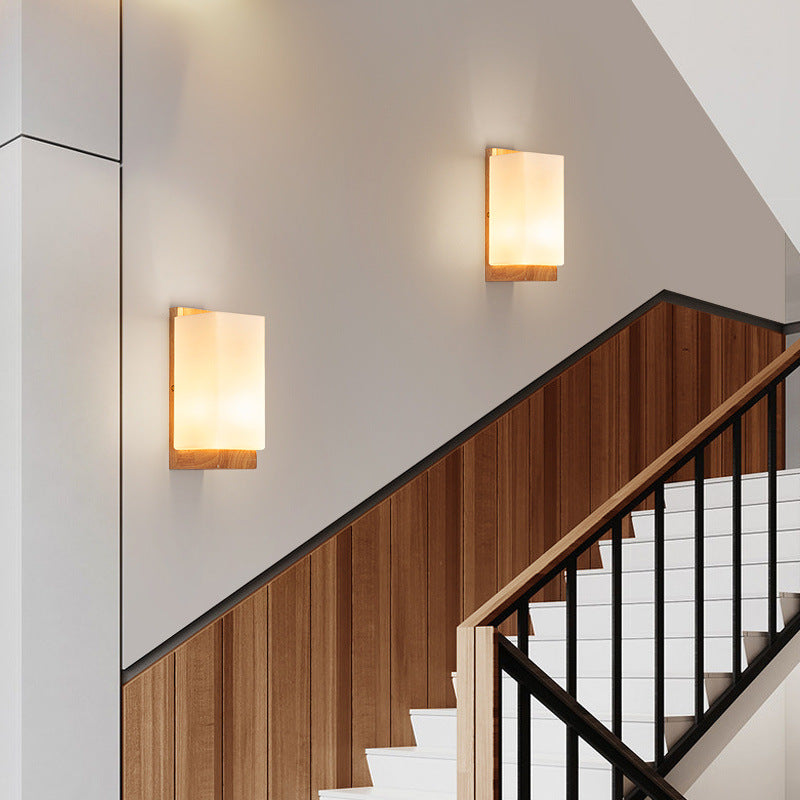 Japanese-Inspired Rectangle Glass and Wood 1-Light Wall Sconce for Living Room