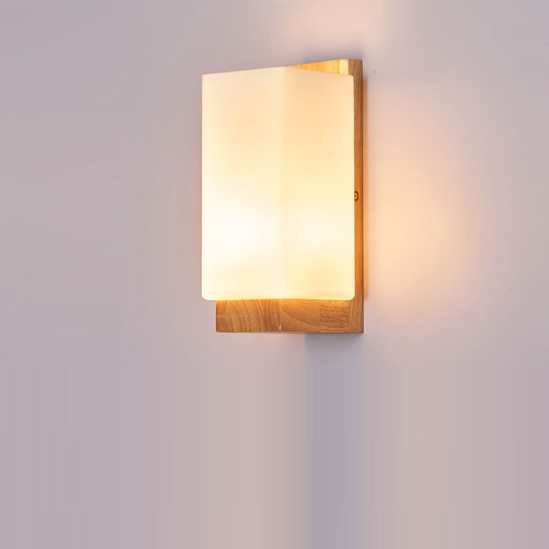 Japanese-Inspired Rectangle Glass and Wood 1-Light Wall Sconce for Living Room