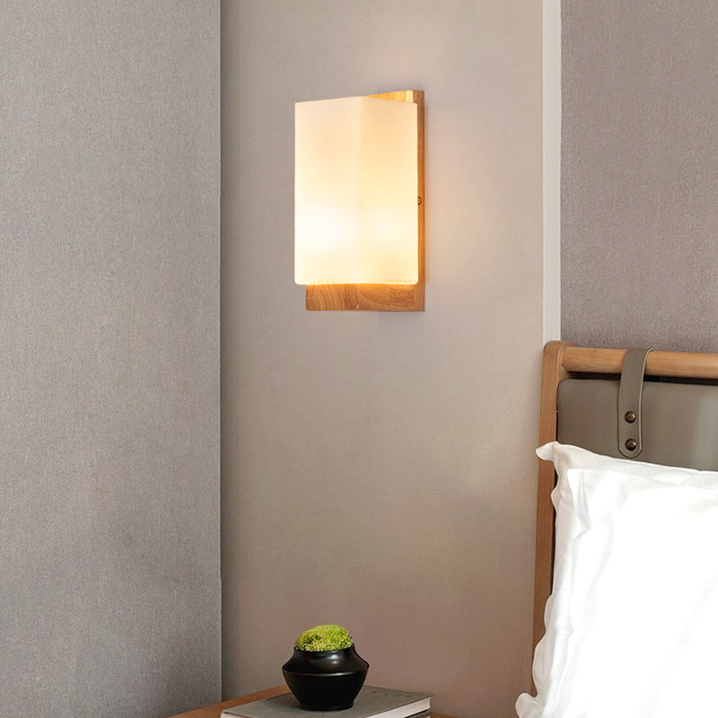 Japanese-Inspired Rectangle Glass and Wood 1-Light Wall Sconce for Living Room