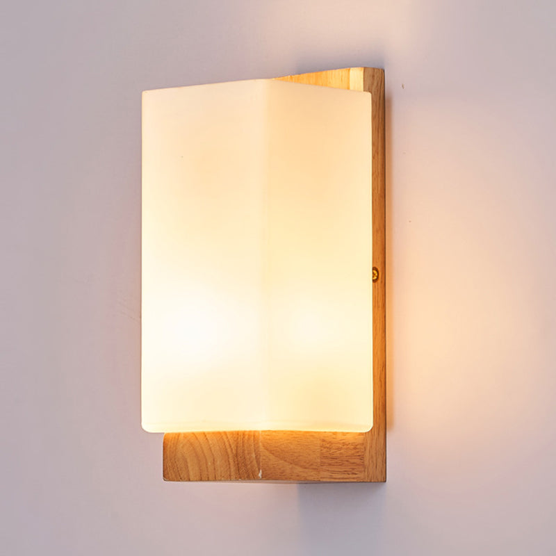 Japanese-Inspired Rectangle Glass and Wood 1-Light Wall Sconce for Living Room