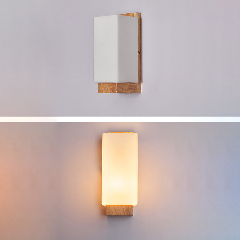 Japanese-Inspired Rectangle Glass and Wood 1-Light Wall Sconce for Living Room