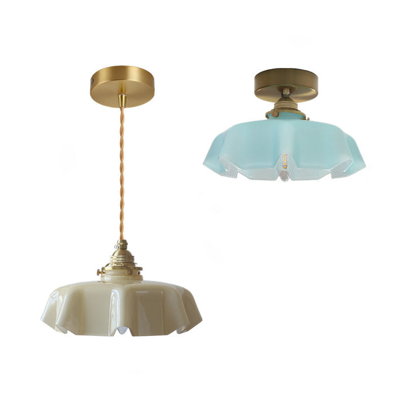 Classic French Brass and Glass Round 1-Light Semi-Flush Mount Ceiling Light for Hallway